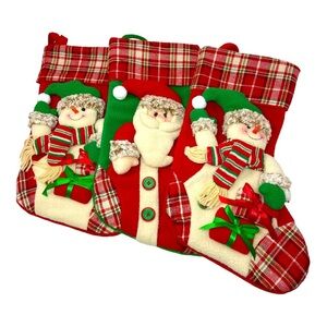 3-Pc | CHRISTMAS Stockings | Plaid | 3D | Vintage Style. Santa | Snowman